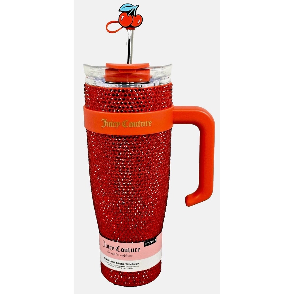 Juicy Couture Red Rhinestone Tumbler 40 oz Cherry Straw Handle Cup